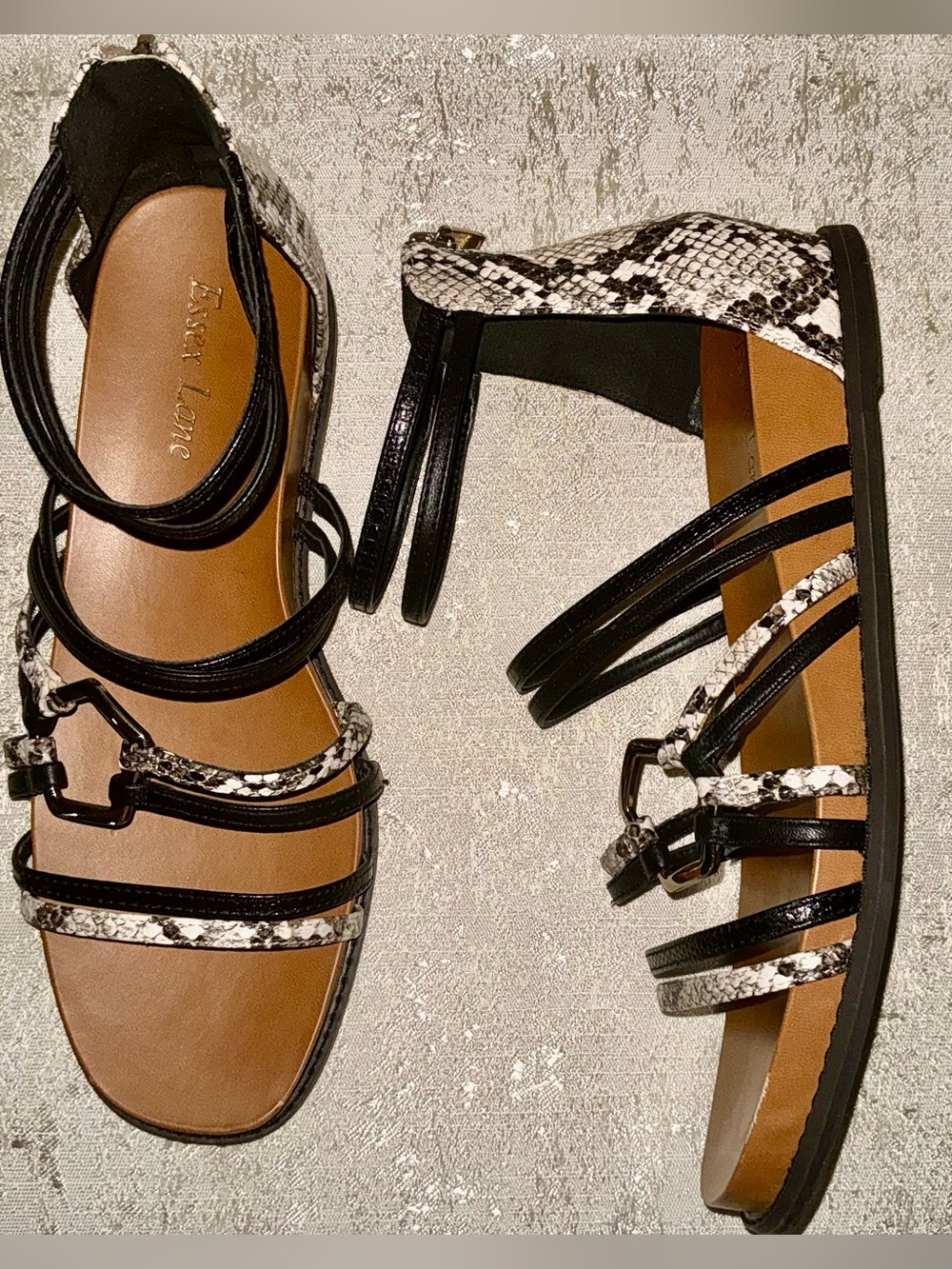 Essex Lane Black & Snake-Print Strappy Flat Sandals